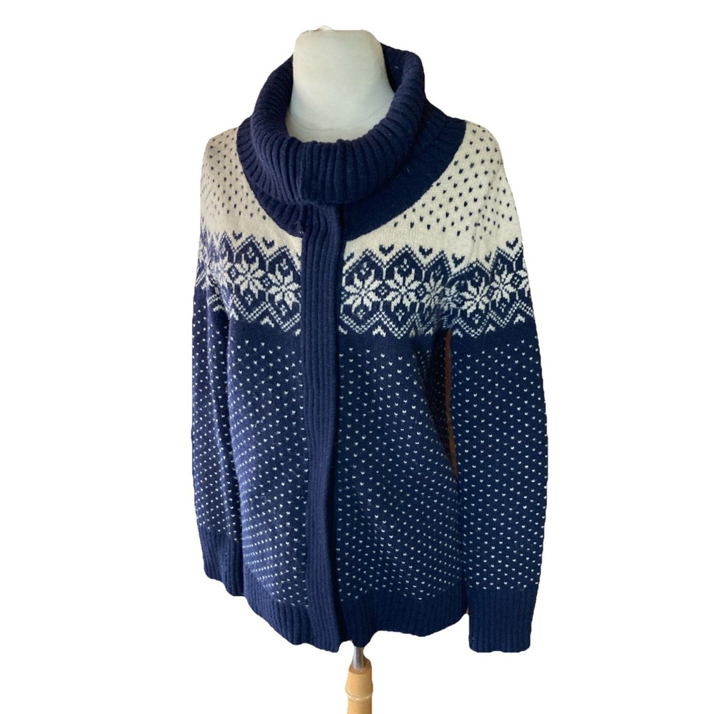 Eddie Bauer Lambs Wool Sweater‎ Sz M Navy Full-Zip Nordic Fair Isle Jacket Cozy